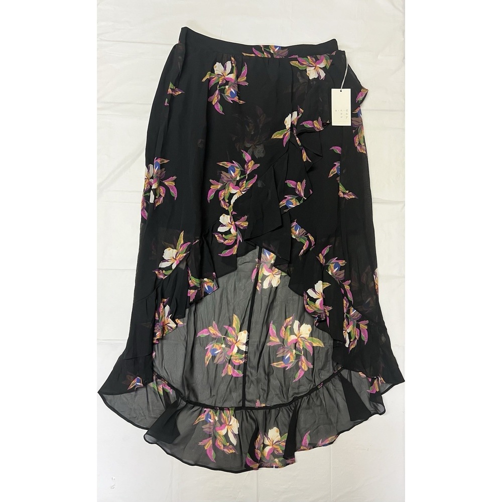 a.n.d eawy Hi-low Black & Flowers Skirt Women's Size XXL